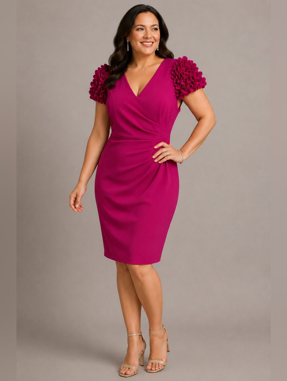 Xscape Size 14 Fuchsia Pink Floral Sleeve Ruched Sheath Cocktail Dress NWT